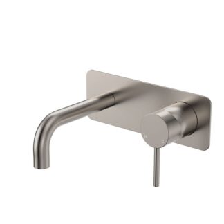 Fienza Kaya Basin/Bath Wall Mixer Set Rectangular Plate 130mm Outlet Brushed Nickel