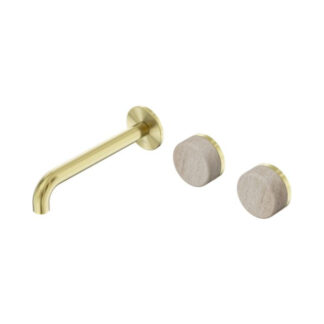 Nero Serenity Wall Basin Set 220mm Offset Spout With Rome Travertine Handle Brushed Gold