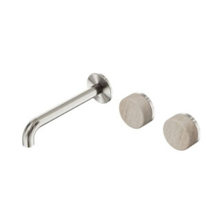 Nero Serenity Wall Basin Set 220mm Offset Spout With Rome Travertine Handle Brushed Nickel
