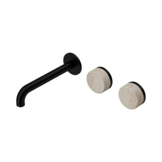 Nero Serenity Wall Basin Set 220mm Offset Spout With Rome Travertine Handle Matte Black