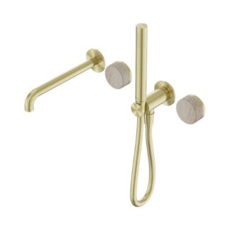 Nero Serenity Progressive Shower System With Spout With Rome Travertine Handle And Slim Shower Brushed Gold