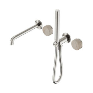 Nero Serenity Progressive Shower System With Spout With Rome Travertine Handle And Slim Shower Brushed Nickel