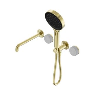 Nero Serenity Progressive Shower System With Spout With Carrara Handle And Serenity Hand Shower Brushed Gold