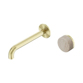 Nero Serenity Progressive Wall Basin Mixer 185mm Spout With Rome Travertine Handle Brushed Gold
