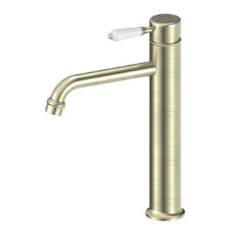 Nero York Straight Tall Basin Mixer With White Porcelain Lever Aged Brass