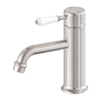 Nero York Straight Basin Mixer With White Porcelain Lever Brushed Nickel