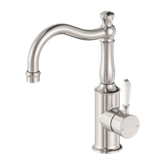 Nero York Basin Mixer Hook Spout With White Porcelain Lever Brushed Nickel