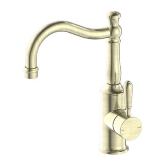 Nero York Basin Mixer Hook Spout With Metal Lever Aged Brass