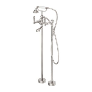 Nero York Freestanding Bath Set With White Porcelain Hand Shower Brushed Nickel