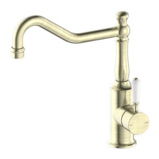 Nero York Kitchen Mixer Hook Spout With White Porcelain Lever Aged Brass