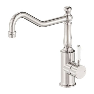 Nero York Kitchen Mixer Hook Spout With White Porcelain Lever Brushed Nickel