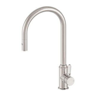 Nero York Pull Out Sink Mixer With Vegie Spray Function With White Porcelain Lever Brushed Nickel
