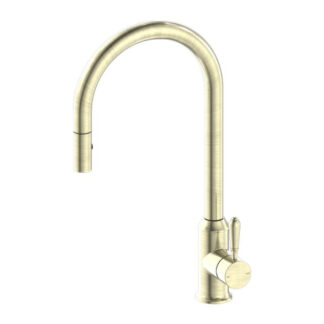 Nero York Pull Out Sink Mixer with Vegie Spray Function with Metal Lever Aged Brass