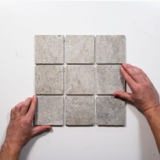 Valerie Grey Travertine Straight Bond Cobblestone Porcelain Tile Sheets
